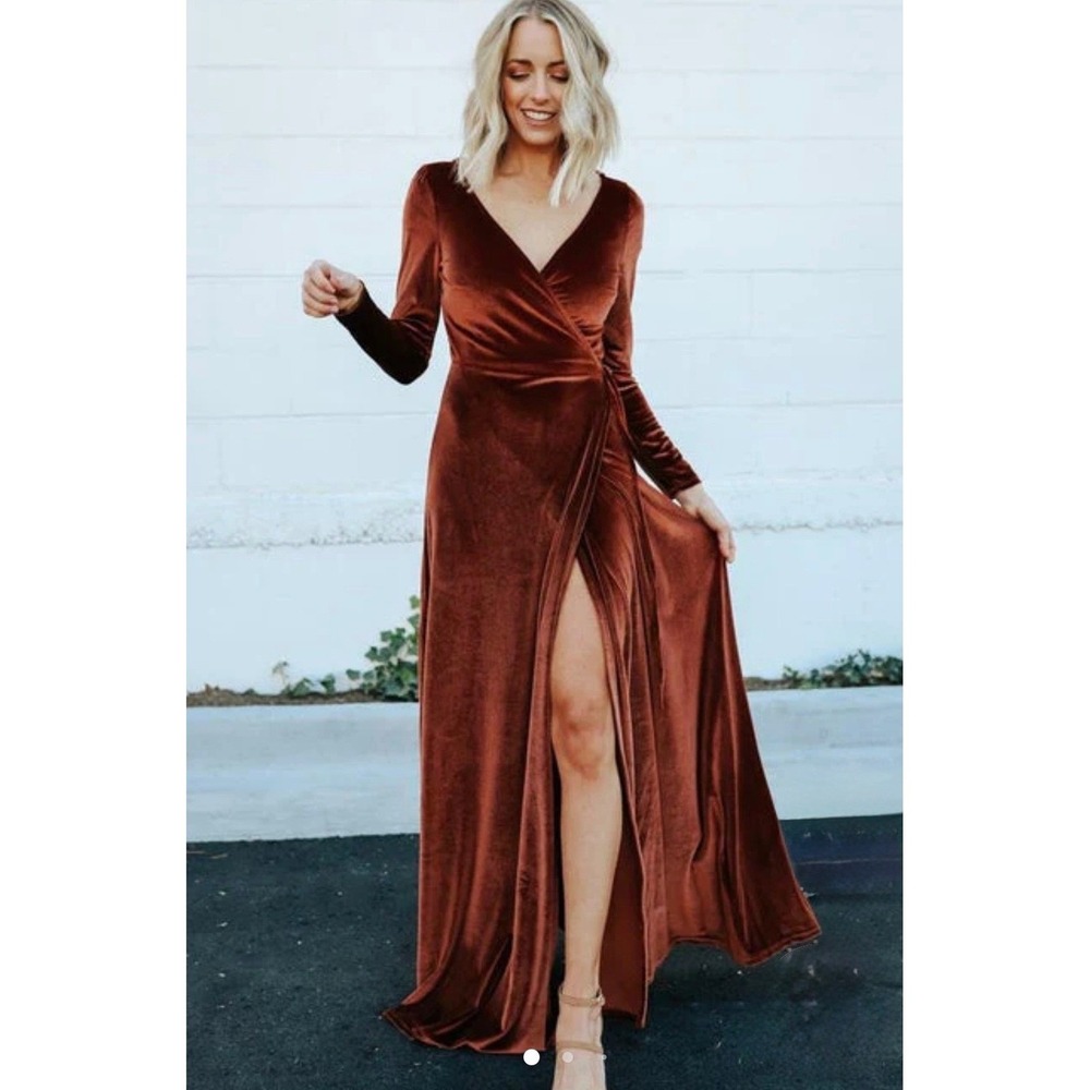 BALTIC BORN Esmerelda Bronze Velvet Wrap Maxi Dress Size S Long Sleeve Slit‎ NWT